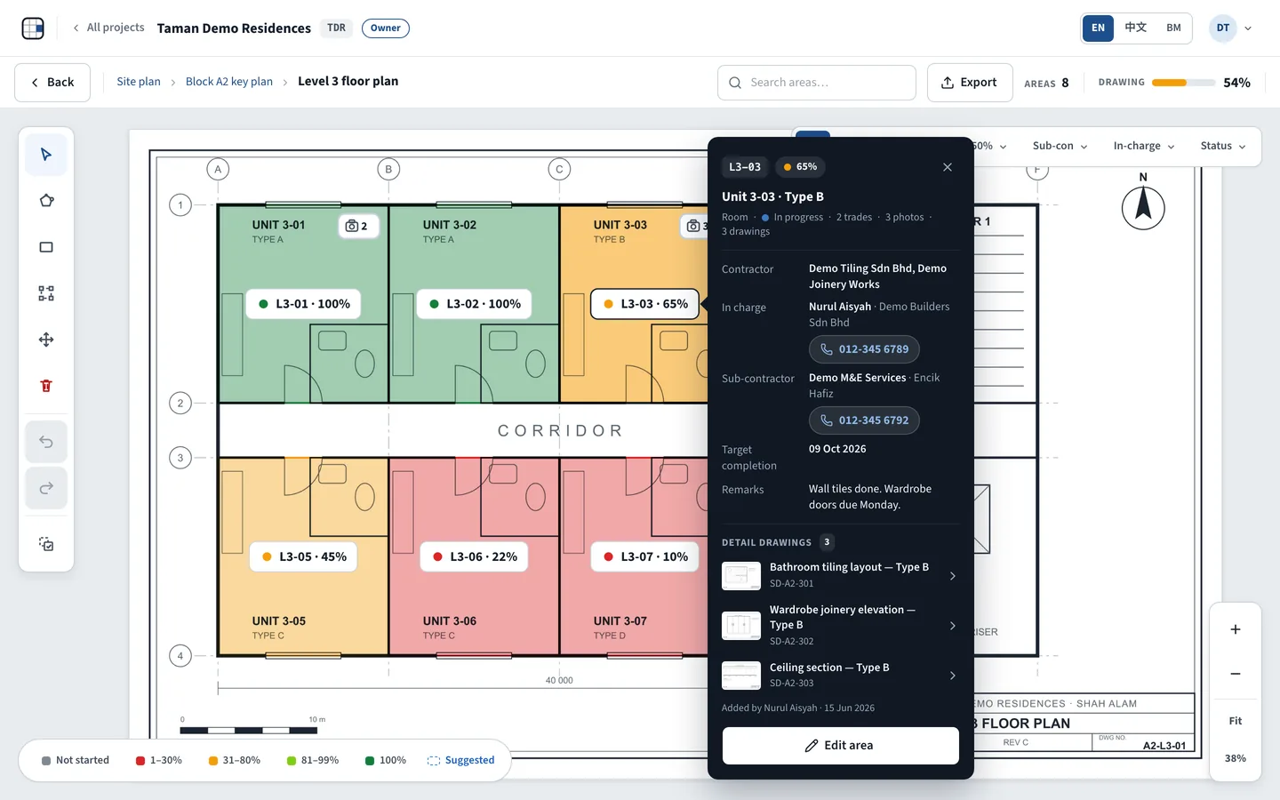 Key Plan Ai — Level 3 floor plan with colour-coded progress