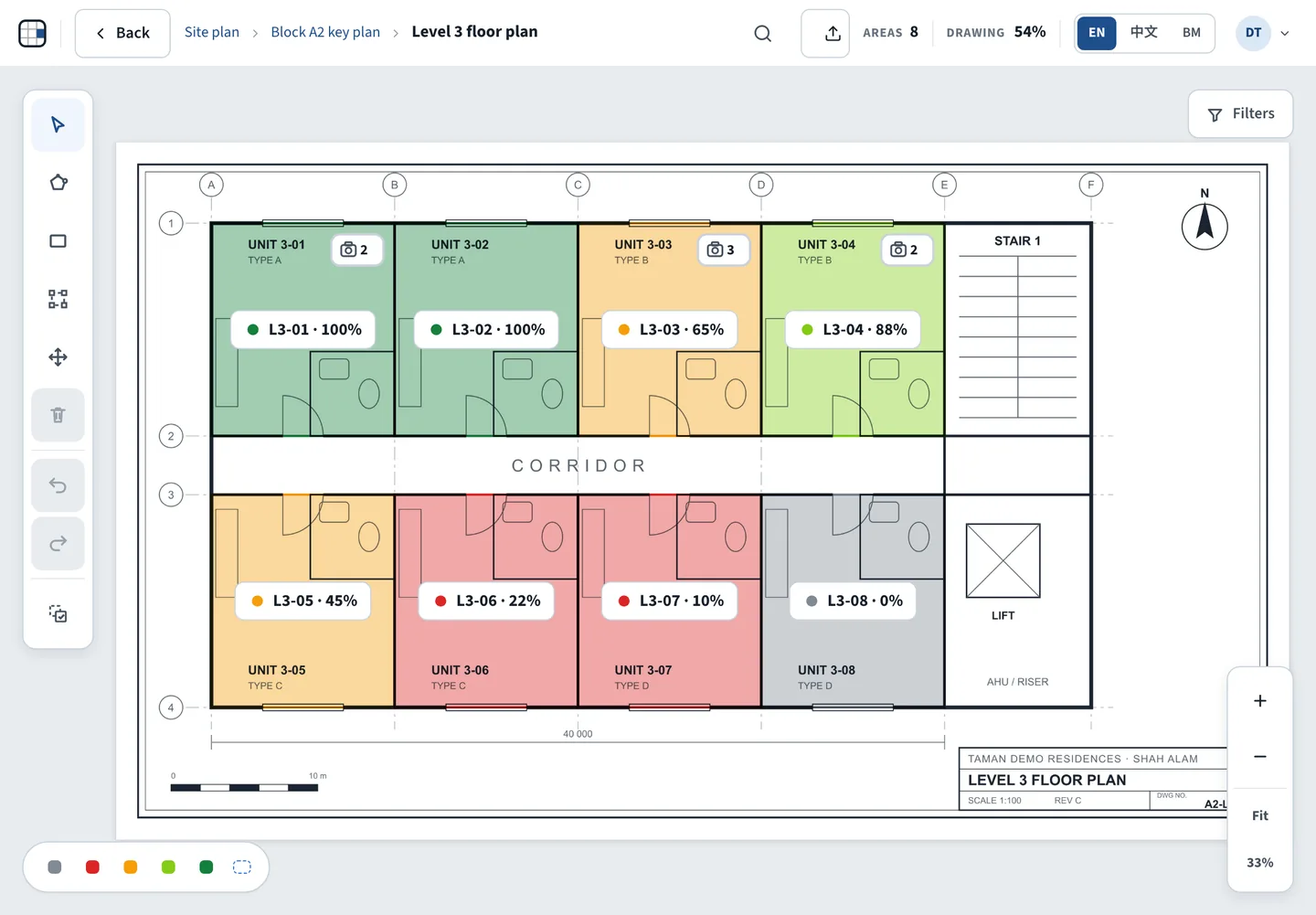 A Level 3 floor plan with every unit coloured by its progress